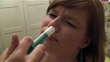 Girl injects cum up her nose with syringe [no sound]